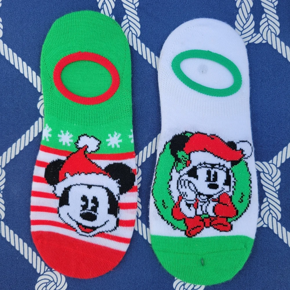 NWOT! Disney Mickey Mouse Christmas Liner No Show Socks, Red & Green + Stickers
